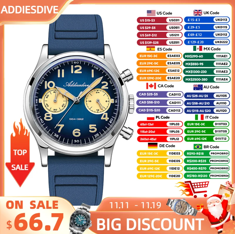 ADDIESDIVE 新 2025 クロノグラフ 38 ミリメートルメンズ腕時計 VK64 クォーツ腕時計発光バブルミラー 10Bar 防水スチール時計