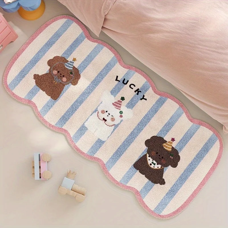 VIKAMA Wave Edge Cartoon Dog Carpet Soft Anti slip Water absorbing Foot Mat Polka Dot Lucky Dog Printed Carpet Home Decoration