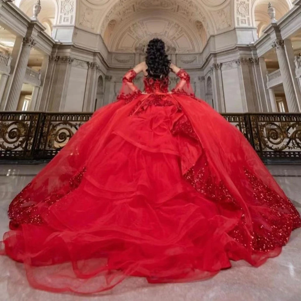 Vermelho brilhante quinceanera vestidos com mangas removíveis vestido de baile 15 años mexicano meninas doce 16 vestido de festa de aniversário