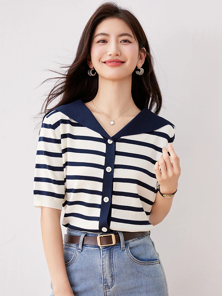 Korean V-neck Striped Knitted Cardigan For Women 2024 New Summer French Simple Single Breasted Short Sleeve Chic Top