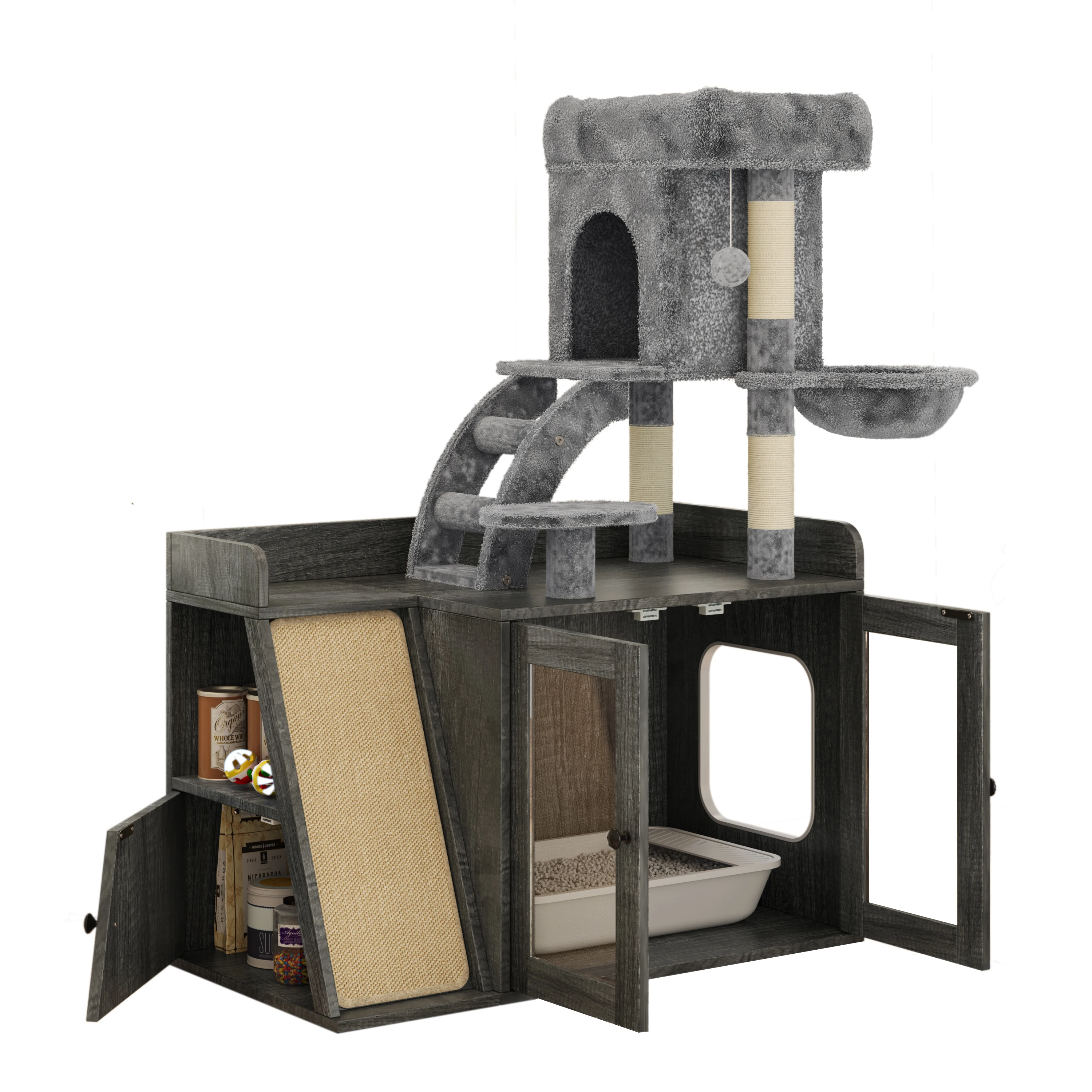 Grey All-in-One Cat Tower with Hidden Litter Box Enclosure, LED Light, Sisal Scratching Board, Storage, Condo and Platformb