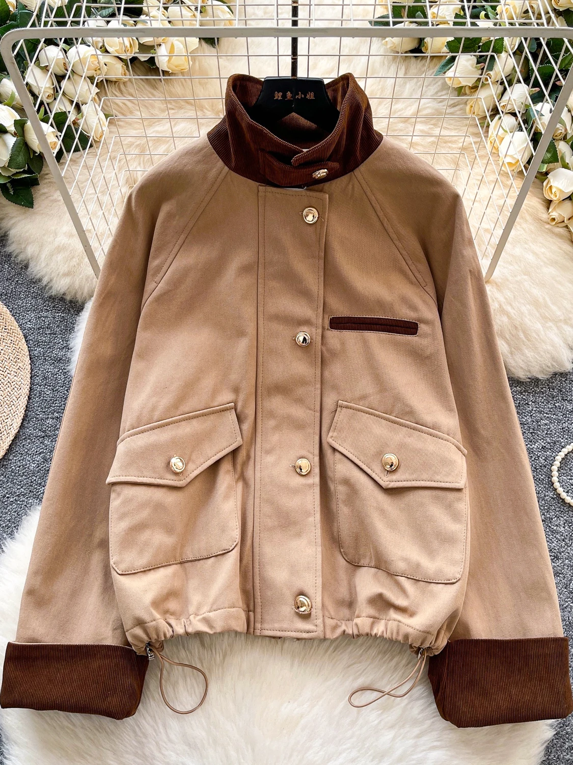 

Retro Sle Loose Fit Casual Color Blo Stand Collar Khaki Women's Jaet Autumn Winter Faion Outerwear Ladies Coat