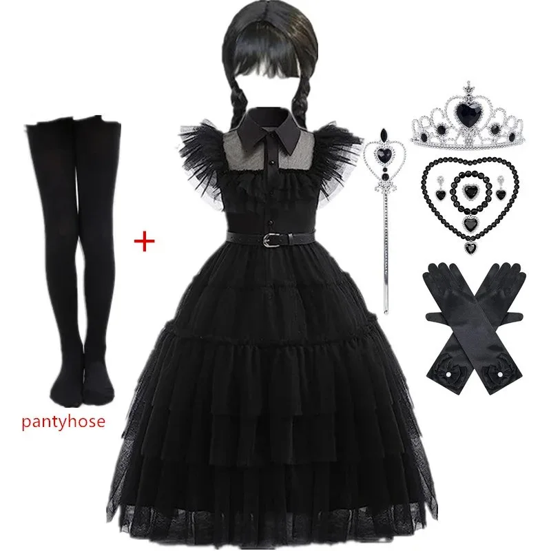 2025 12 Kids Costume Wig Girls Addams Wednesday Cosplay Dress Outfits Children Black Fluffy Frocks Halloween C