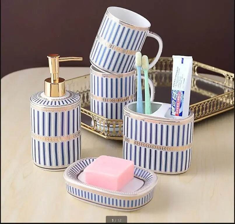 Bathroom Set Golden Stripes Ceramic Toiletries Shower Gel Bottle Hand Washing Fluid Soap Dishes Portable Dispensers