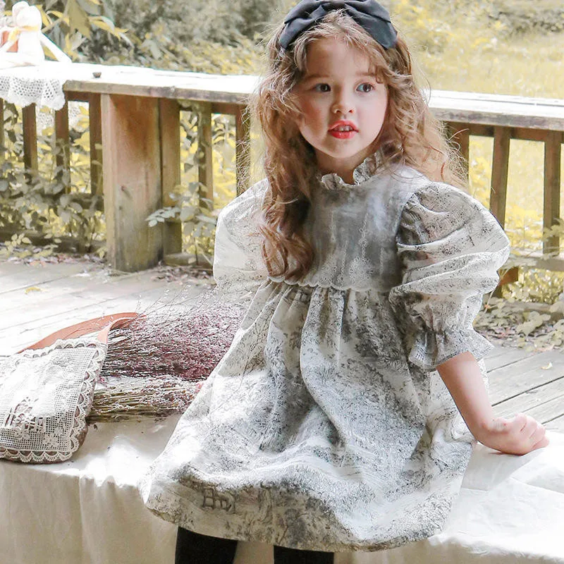 Bear Leader 2024 Autumn New Elegant Girls' Dress with Ink Print Splicing Lace Long Sleeve Princess Skirt Suitable for Picnics