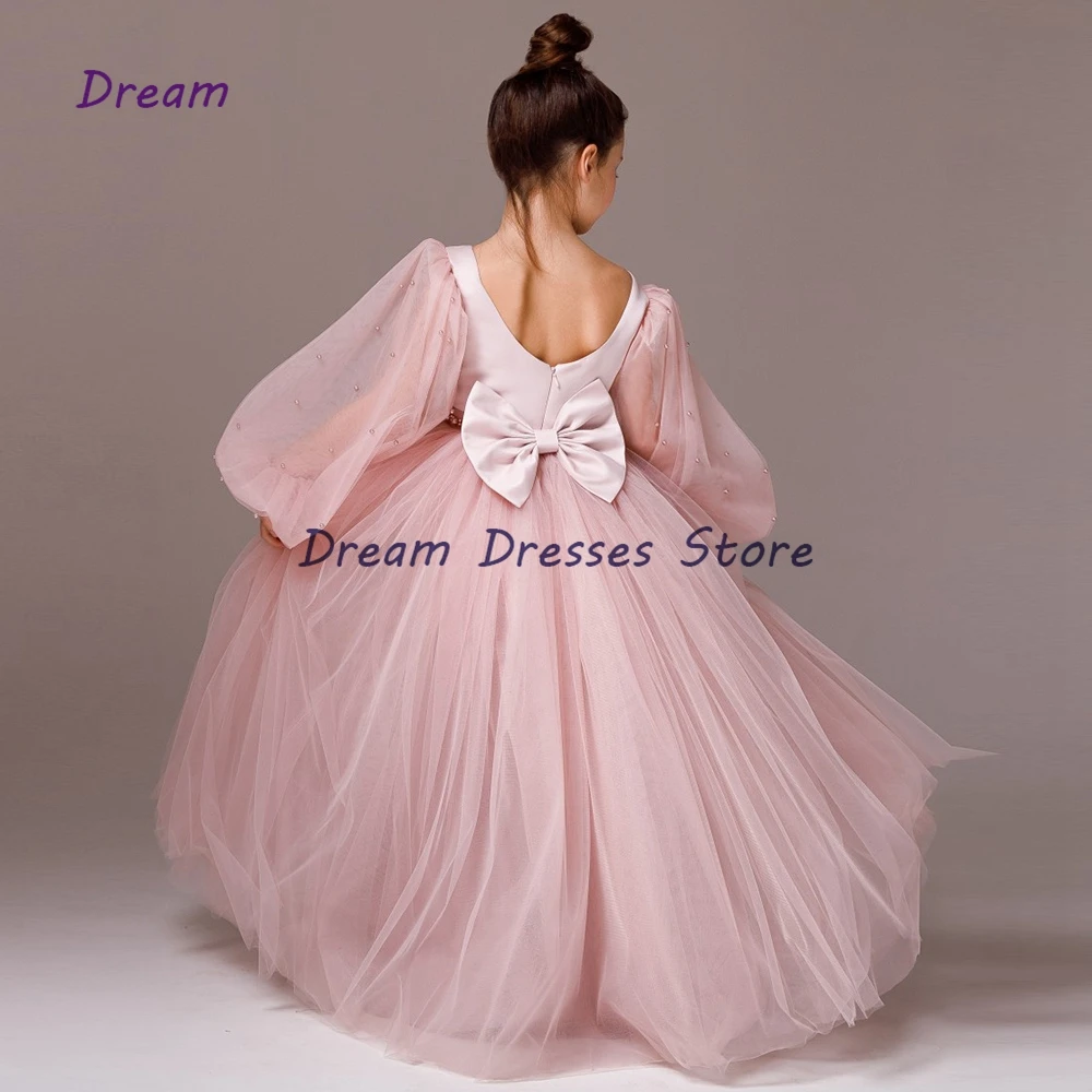 간단한 A 라인 푹신한 Tulle 꽃 소녀 가운 바닥 길이 전체 슬리브 새시 구슬 어린이 맞춤형 Платья для девочек-цве