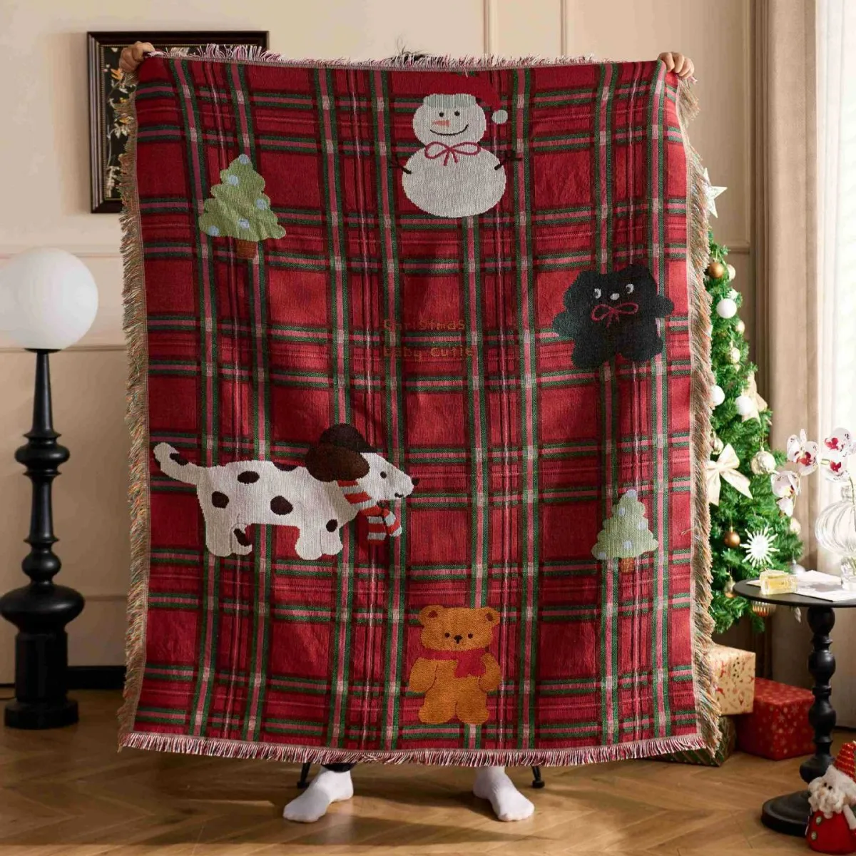 Textile City Red Plaid Christmas Throw Blanket Cute Snowman Dog Bear Tartan Woven Tapestry Fringe Festive Holiday Decor Throw