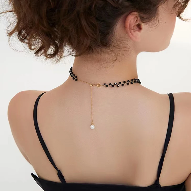 2022 Korea New Design Fashion Jewelry Black Crystal Braided Short Necklace Sexy Women Clavicle Necklace Accessories