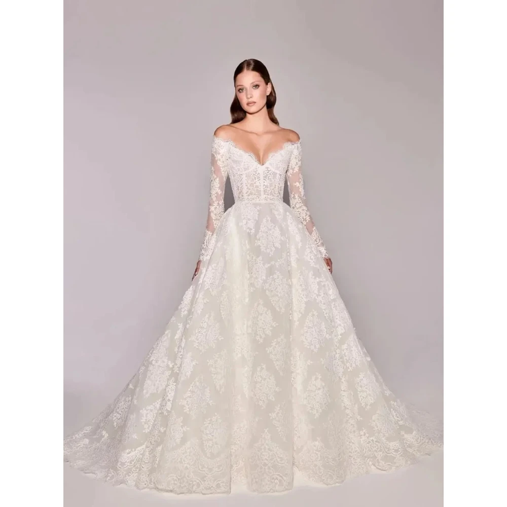 Customized gorgeous V-neck lace decal wedding dresses 2026 white long sleeved full flower decal shoulder bridal gown zipper back