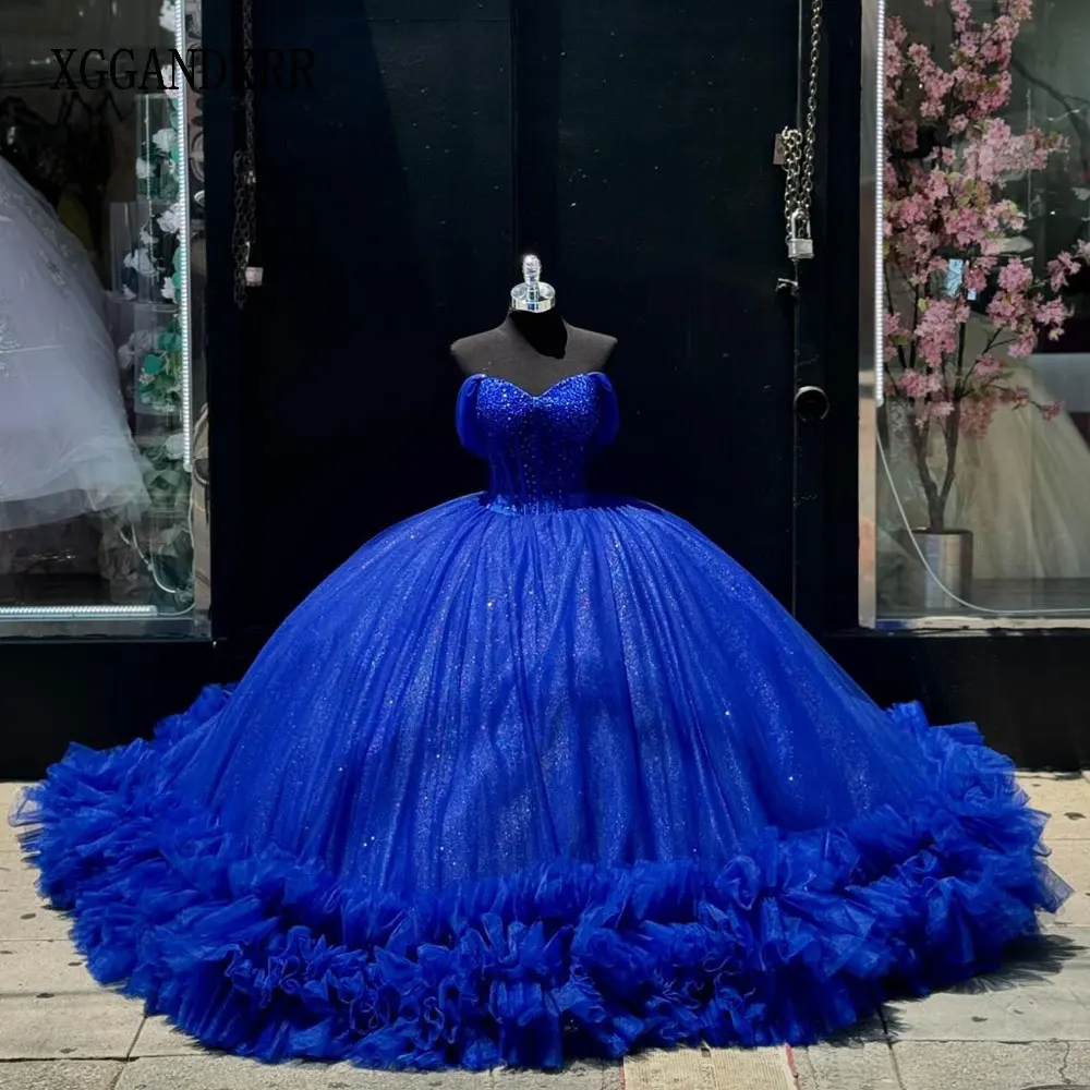 Nuovo In abito da ballo blu abito Quinceanera 2024 pieghe con volant Princess Mexico Sweet 16 Dress 15 abiti da compleanno De XV aecos Miss