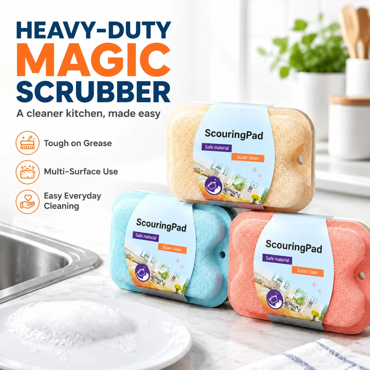 Double-Sided Magic Cleaning Pad Heavy Duty Kitchen Sponge Scrubber Block Multi-functional Grease Eraser for Dish Washing Pot