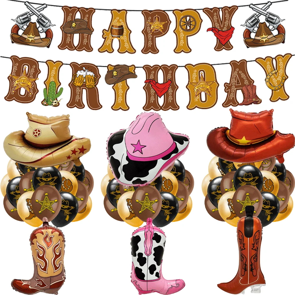 Western Cowboy Party Foil Horse Hat Boot Balloons Banner Cake Topper for Kids Western Cowboy Cowgirl Horse Birthday Party Decors