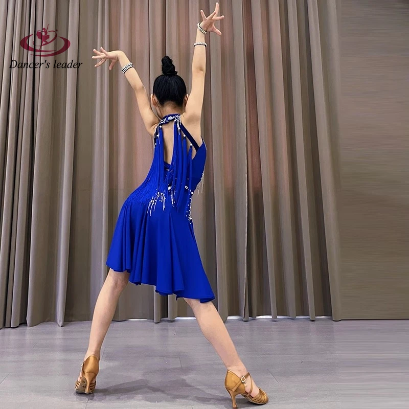 ラテンダンス衣装ラインストーンガール大人と子供ハイエンドカスタマイズされたネイビーブルースプリットスカートサンバパフォーマンスドレス