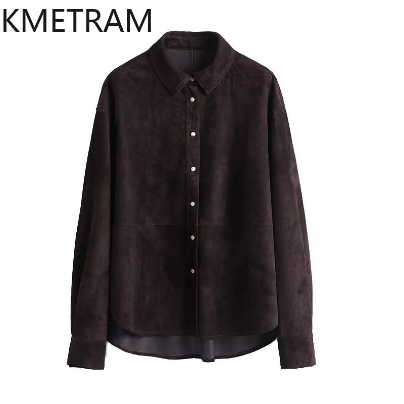 KMETRAM Ultra-Thin Genuine Leather Jacket Woman Crossbred Sheep Suede Leather Coat Loose Jackets of Woman Shirt Style Jaqueta