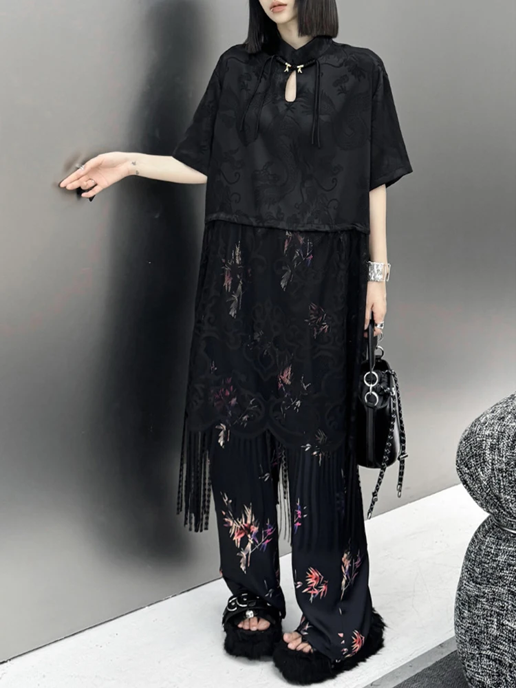 [EAM] Women Black Lace  Spliced Hem Tassels Big Size Dress New Stand Collar Sleeve Fashion Tide Spring Summer 2024 1DH5406