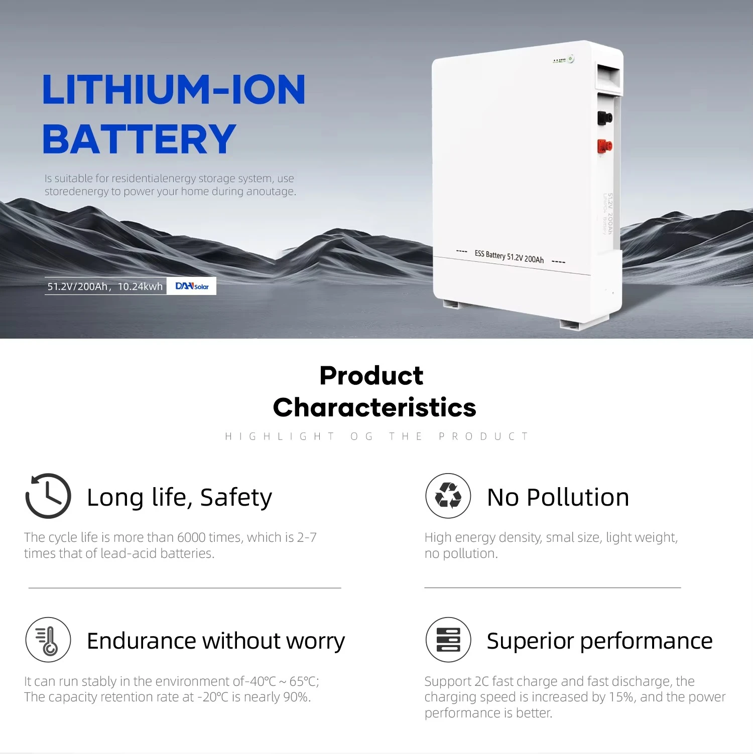 DAH Solar 51,2 В 200 Ач Домашний аккумулятор Lifepo4 10 кВтч 15 кВтч 20 кВтч Литий-ионные аккумуляторы для солнечной энергосистемы