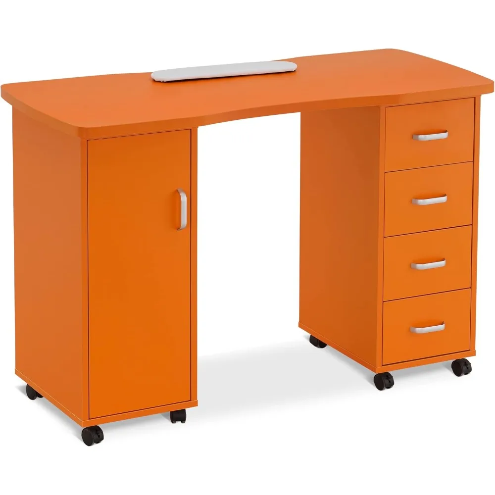 

Acetone Resistant Manicure Table, Nail Tech Desk with 4 Drawers, 2 Cabinet, Lockable Wheels, Wrist Pad, Beauty Salon