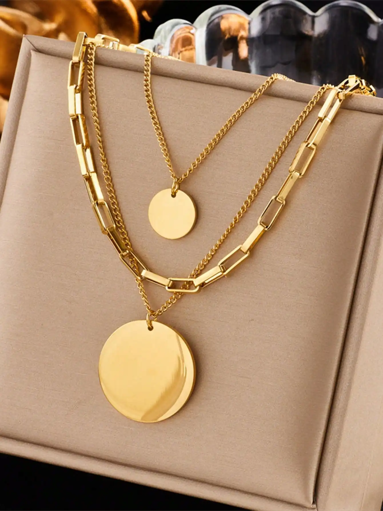 

Ожерелье из нержавеющей стали с тремя слоями и большими круглыми подвесками, многослойное украшение в стиле хип-хоп для женщин и мужчин