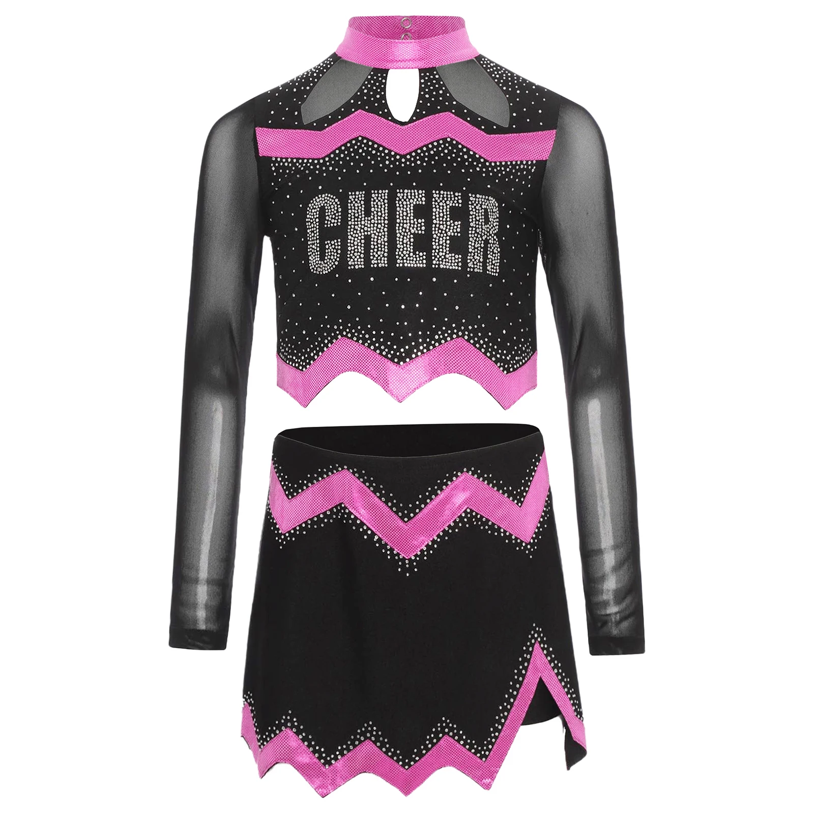 

Girls Cheerleading Dance Costumes Long Sleeve Hollow Out Shiny Rhinestone Crop Top+Split Skirt Cheer Uniform Streetwear Outfit