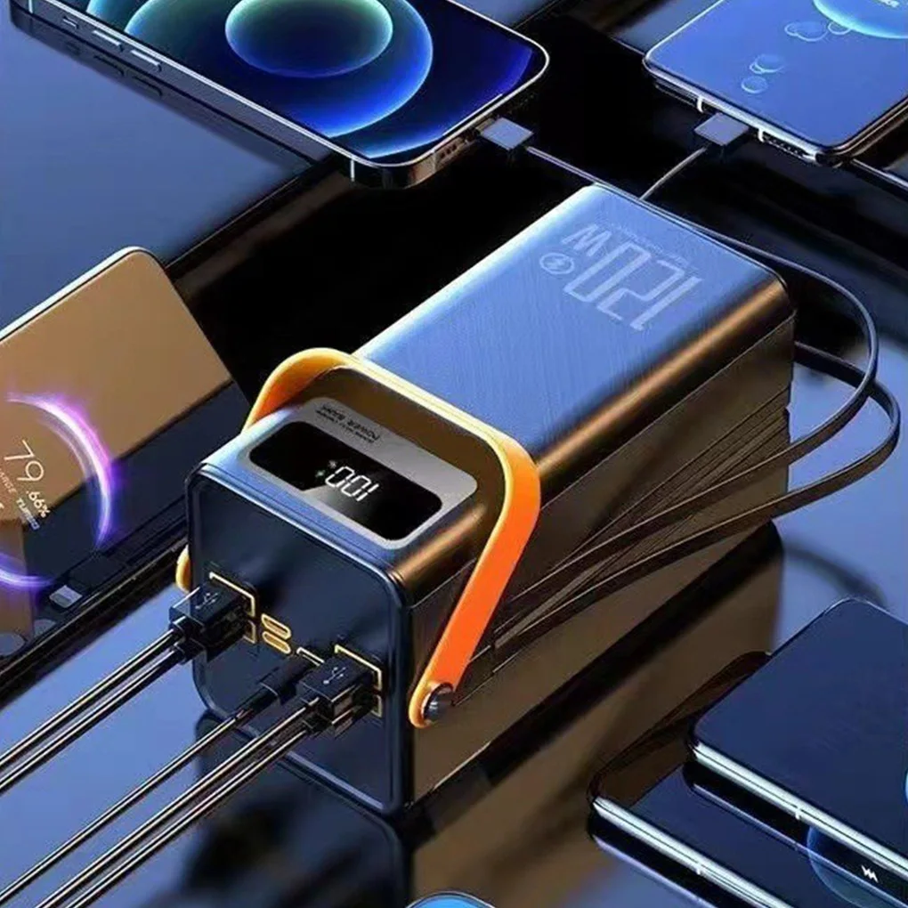 แผงโซลาร์เซลล์ 30000mAh Power Bank 120w ชาร์จเร็วมาพร้อมกับชุดแบตเตอรี่ภายนอกสี่สายพร้อมไฟฉายสําหรับกลางแจ้ง ﻿