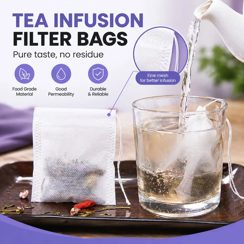 Disposable Tea Filter Bags with Drawstring Single Use Tea Infuser Bags for Loose Leaf Tea Herbs Flowers Home Kitchen Brewing