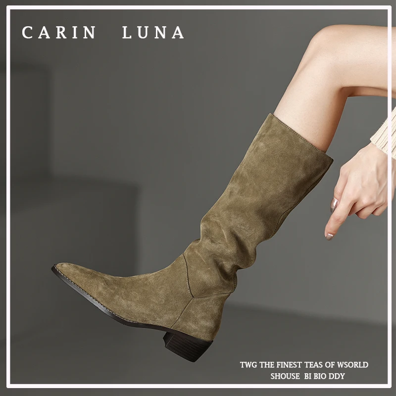 

2023 new Autumn winter women mid-calf boots natural leather 22-25cm cow suede+pigskin modern Boots pointed toe skinny boots