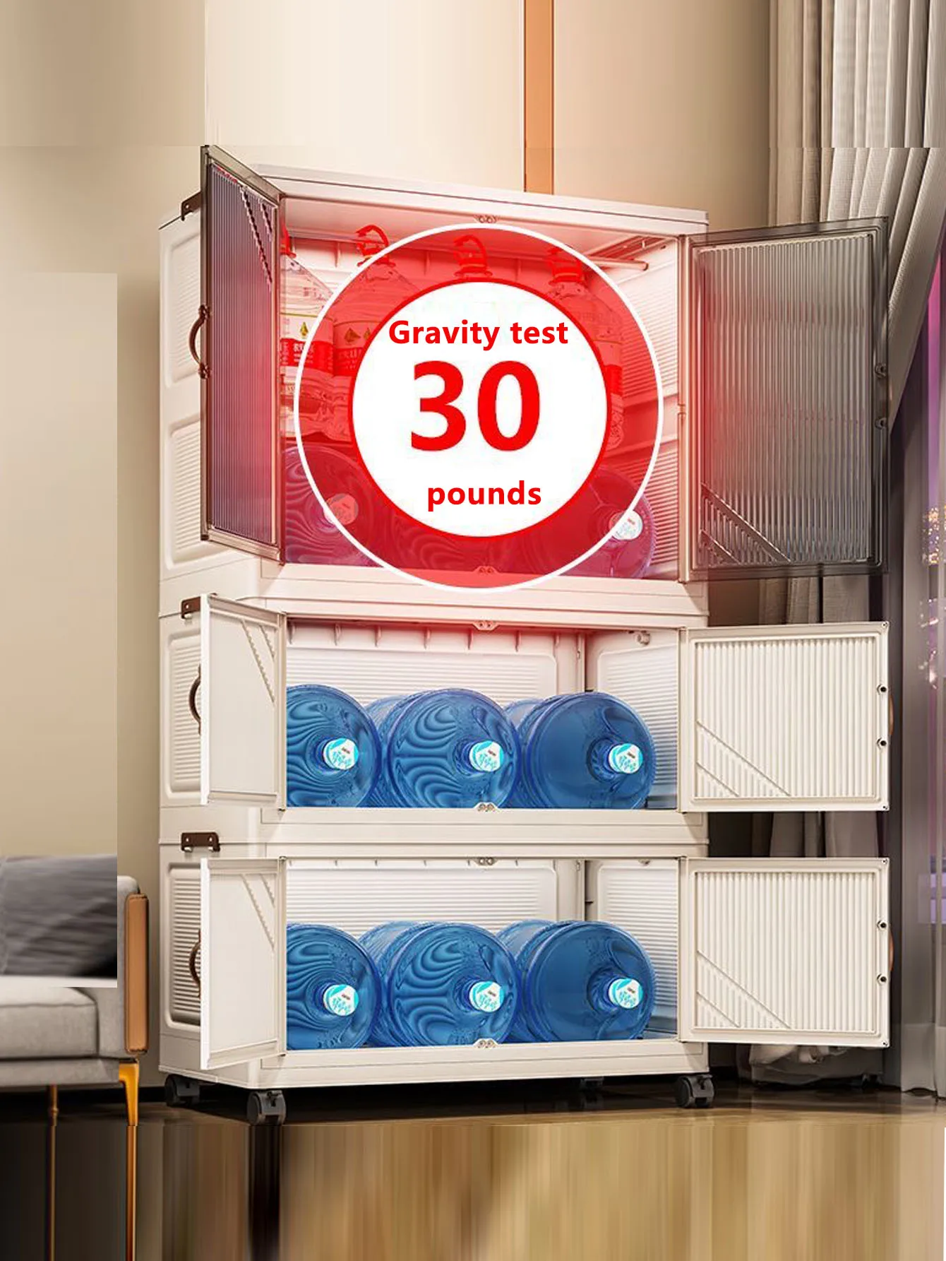 A multi layered closet a multifunctional box for storage an open door and an easy to assemble transparent plastic storage