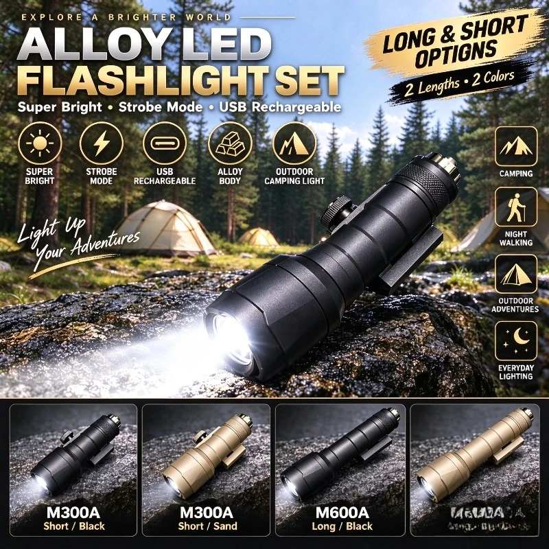 Alloy LED Torch Kit Long & Short, Ultra Bright with Flash Mode, USB Charging, Outdoor Night Camping Lighting