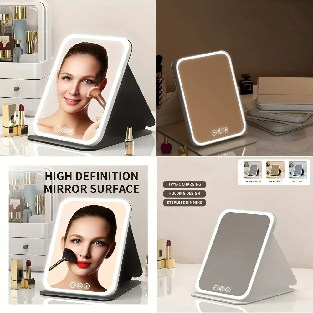 HOTU Portable LED Makeup Mirror with 3 Color Dimmable Lights, Touch Screen, Rechargeable Folding Beauty Mirror for Vanity Tablet