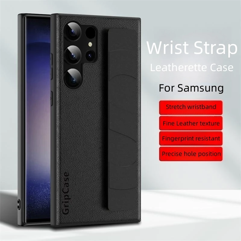 Luxury PU Leather Phone Case For Samsung Galaxy S24 S23 S22 Ultra Plus Stretch Wristband Wrist Strap Shockproof Plain Back Cover