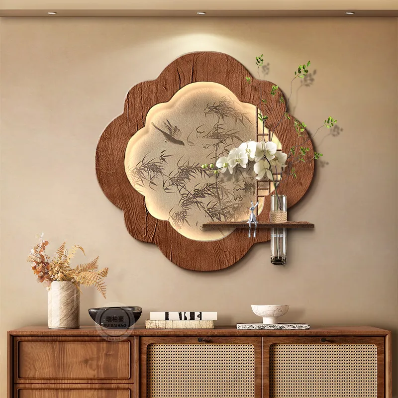Song Dynasty Aesthetic Entrance Hall Decorative Painting with Hydroponic Plants, French Mid-Century Style 3D Wall Hanging Light