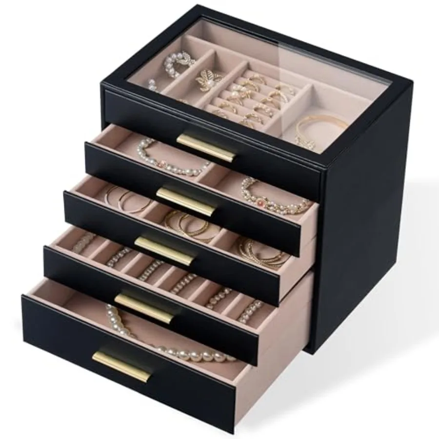 

Jewelry Box Organizer Case for Women: 5-Layer Jewelry Storage Case with Glass Window Black Leather with Blush Velvet Holder for