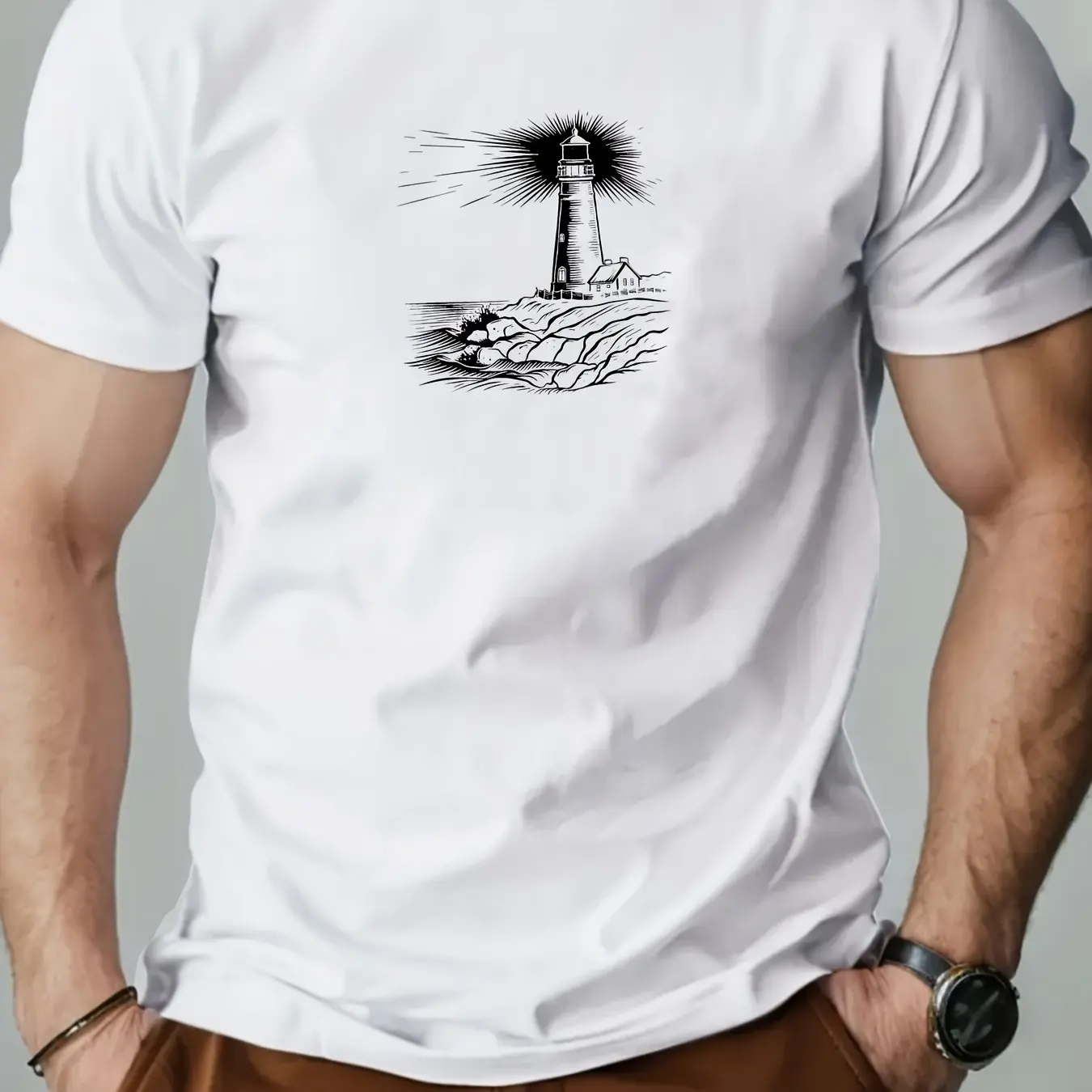 Men and Women Lighthouse Pattern Summer Casual Short-Sleeve T-Shirt Men Clothing Comfortable