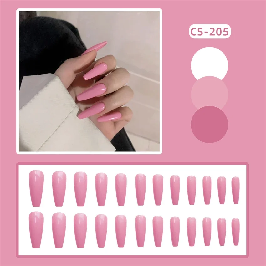 

24Ps/Set Long Leather Powder Wearing False Nail Chips French Simple Acrylic Press on Nail Artificial Solid Colour Fake Nail Tips