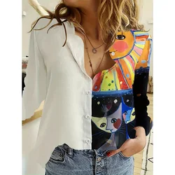 2024 Elegant 3d Cute Cat Print Long Sleeve Tops Fashion Autumn Basic Shirts Single-Breasted Blouse Plus Size Women's  Clothing