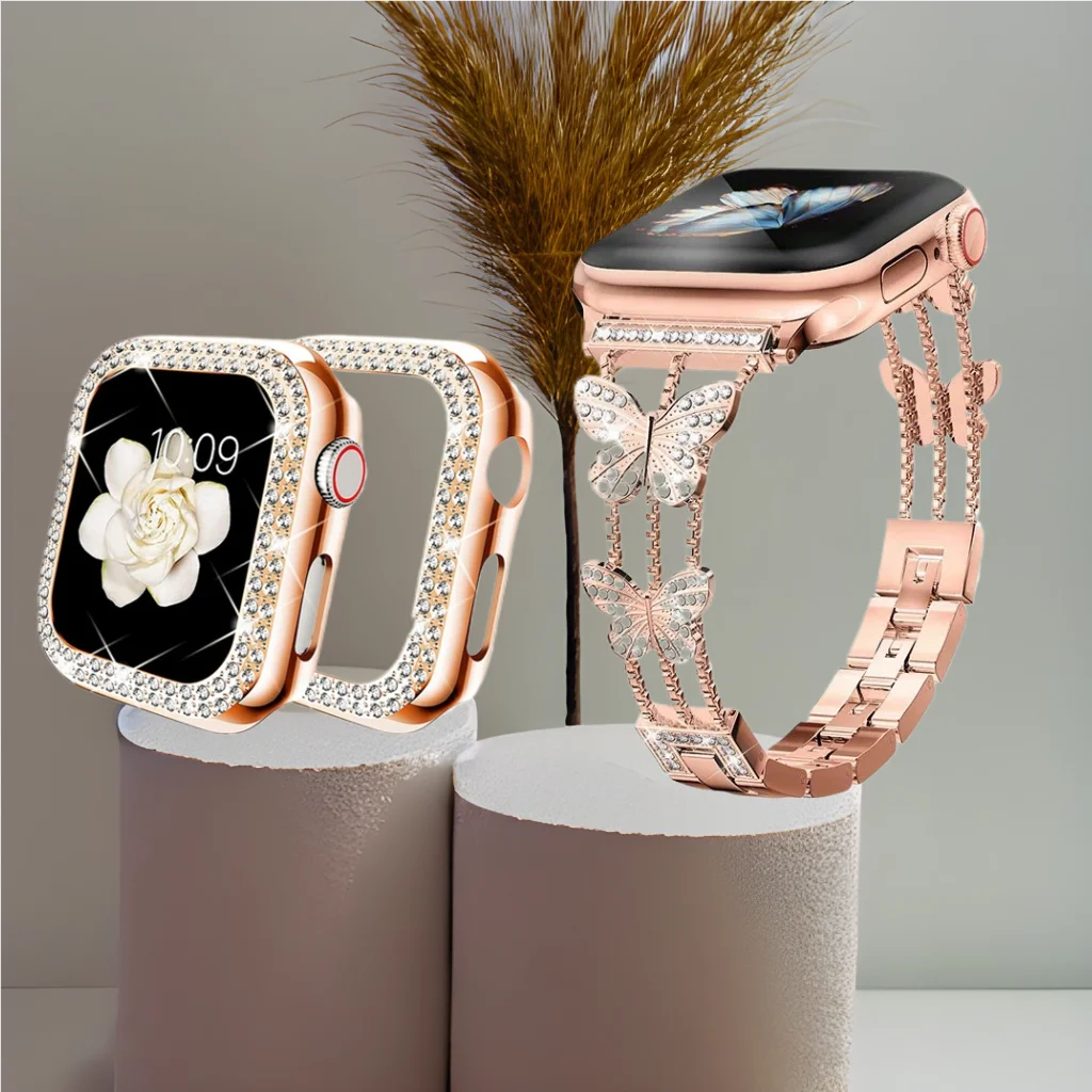 

Чехол с бриллиантовым ремешком для Apple Watch Band 40 мм, 41 мм, 45 мм, 44 мм, женский браслет из нержавеющей стали iWatch Series 9 8 7 SE 6 5 4