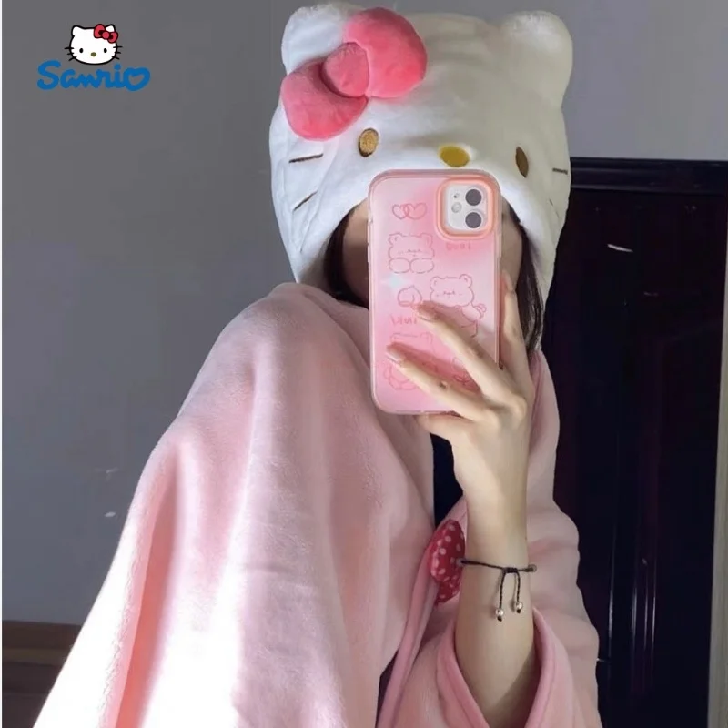 Sanrio Cloak Kuromi Cinnamoroll Hello Kitty My Melody Girl Plush Blanket Cloak Costume Hoodie Soft Warm Cloak Girl Gift