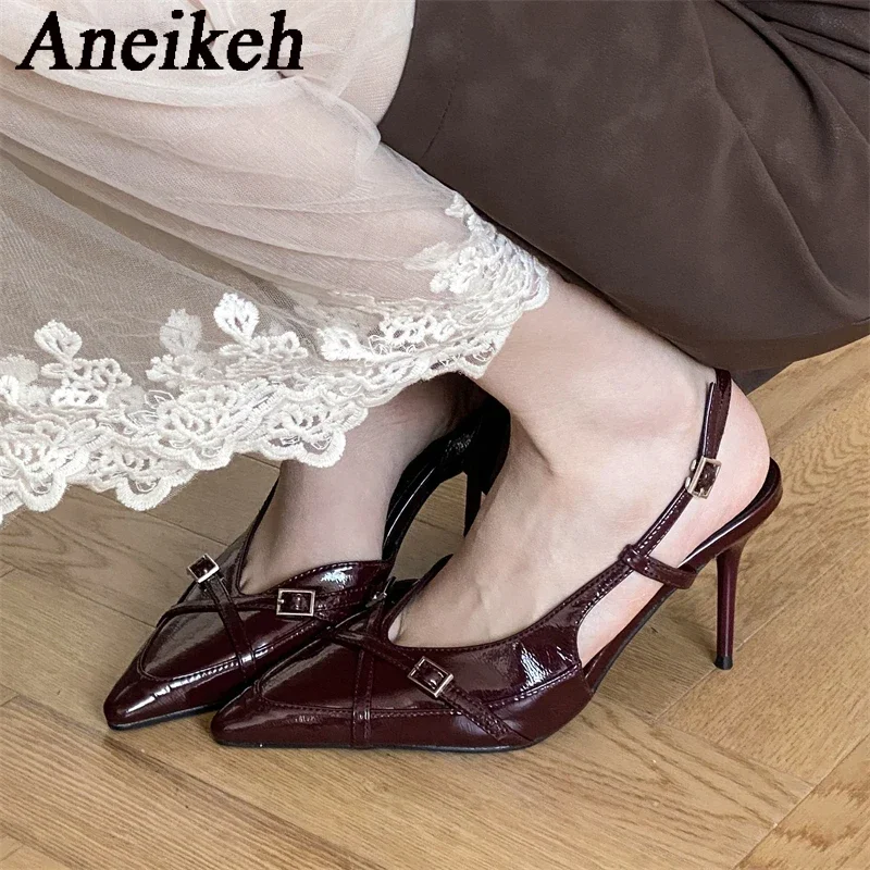 Aneikeh 2025 zapatos de tacón con hebilla para mujer, moda de primavera, tacones finos, puntiagudos, zapatos de fiesta elegantes, boda, negro