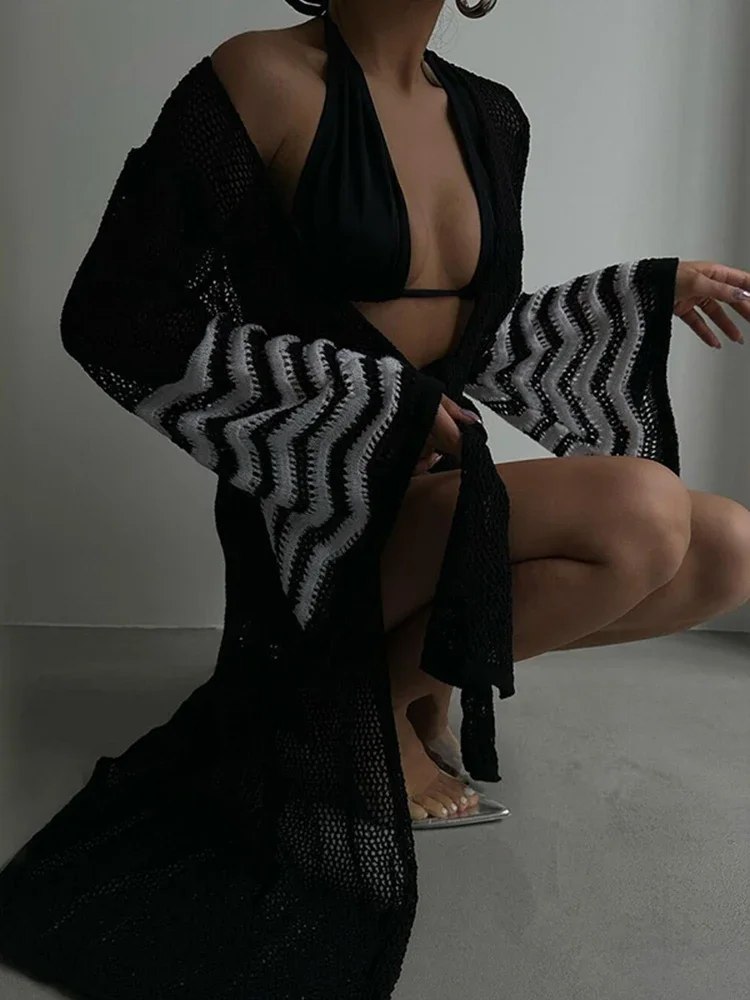 Jersey nuevo de punto para cubrir Bikini para mujer, ropa de playa con cordones empalmados de manga larga para verano 2025, ropa de playa para vacaciones a la moda para mujer