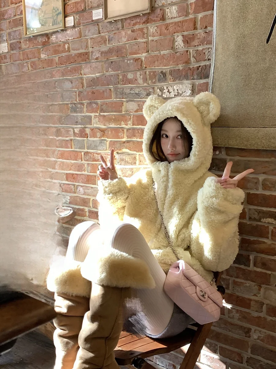 

Casual Hooded Fur Coat Bear Particle a Small Bear Particle Fur Leather Jaet Thiened Long Sve Korean Sle