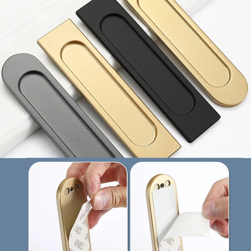 Self-Stick Sliding Door Pulls with Adhesive Handle Aluminum Flush Pull for Kitchen Double Acting Door Barn Windows Glass Cabinet