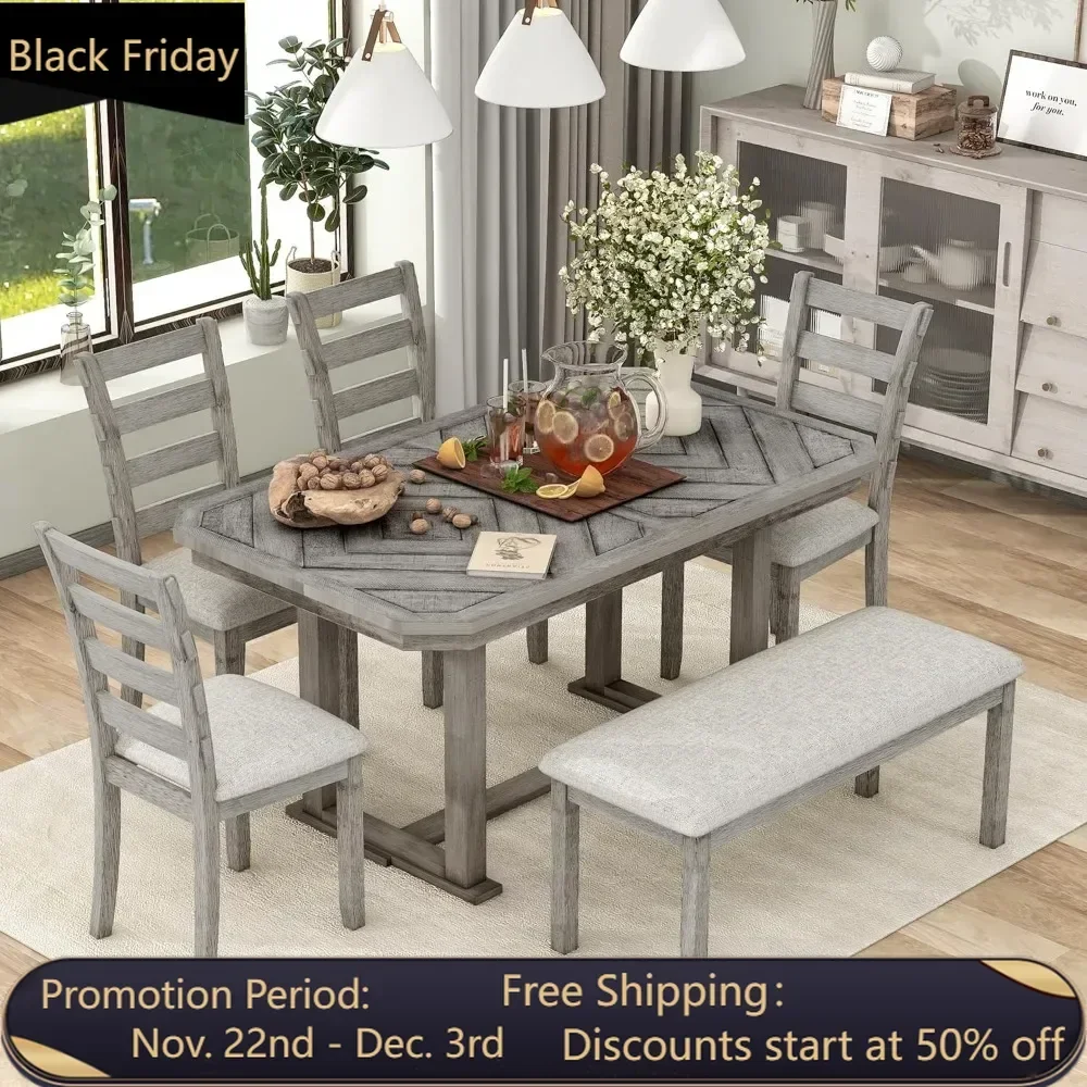 6-Piece Rubber Wood Dining Table Set with 4 Cushioned Chairs and Bench, Beautiful Wooden Grain Pattern Tabletop, Grey