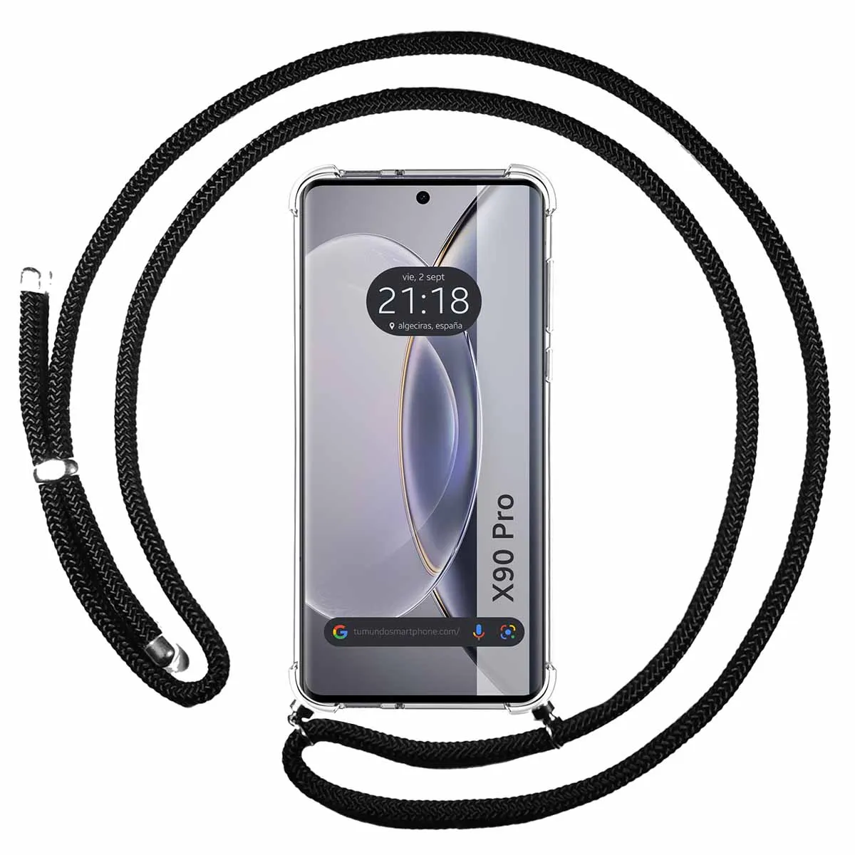 Clear pendant case compatible with Vivo X90 Pro 5G with black cord