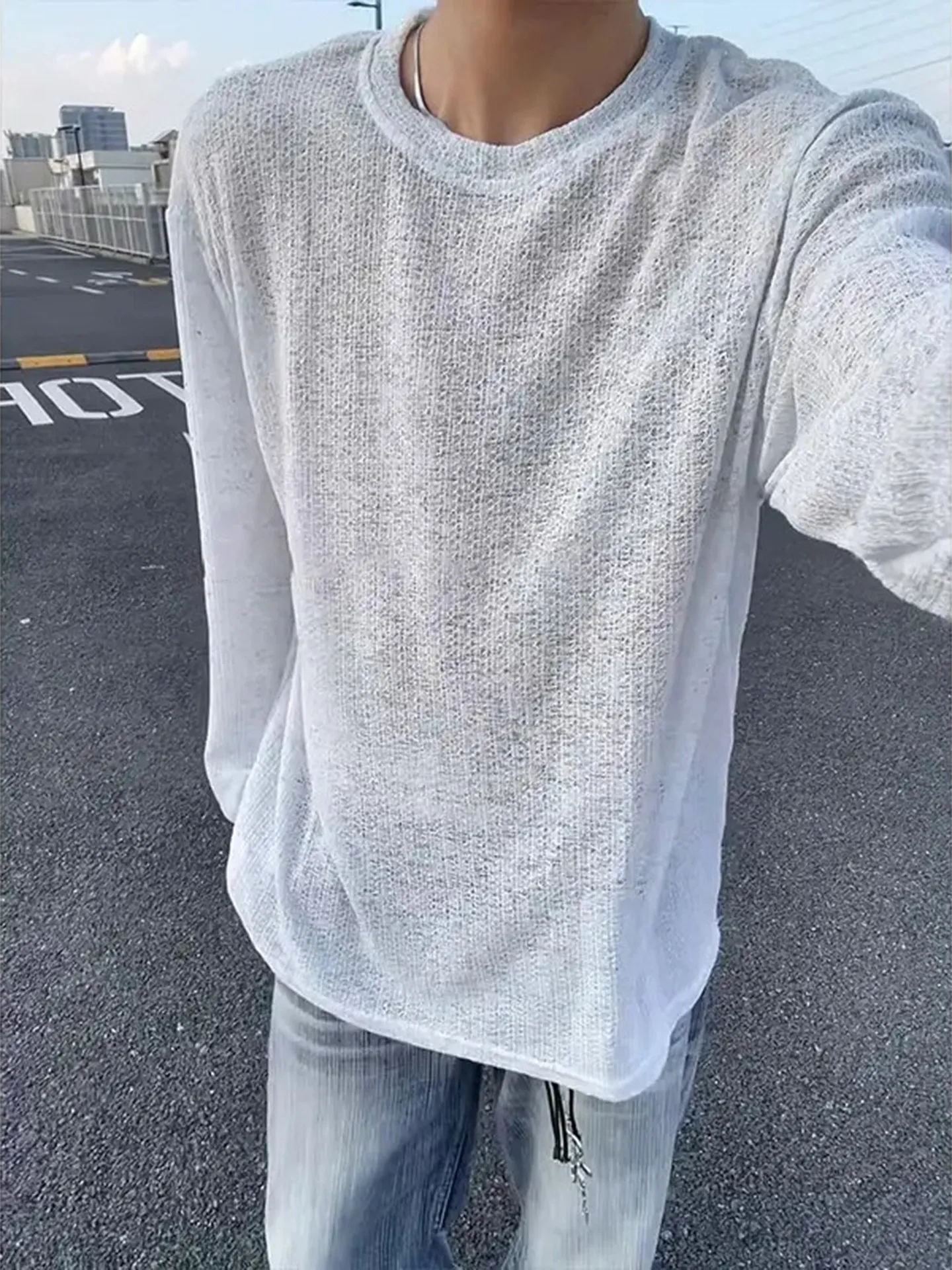 Black Quick-Dry Long Sleeve T-Shirt Men's Summer Lazy Loose Design High-End Hollow out Shirt Thin Mesh Top Breathable Comfort...