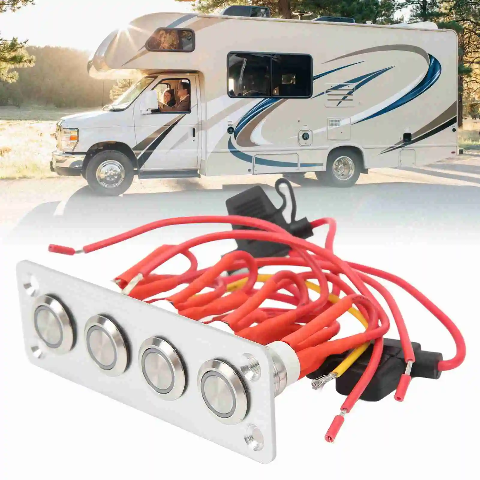 

4 Gang On Off Panel 4 Gang Panel Blue Light 12V 16A Stainless Steel Button for RV Boat RV Panel