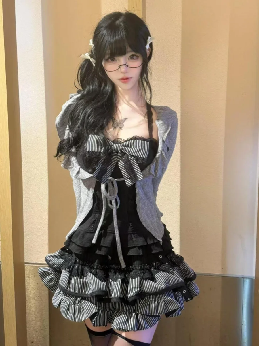 

Sweet Spicy Chic Sexy Three-Piece Set Grey Knitted Open Cardigan Outerwear Strap Stripe Cake Skirt Women's Fashion Ensemble