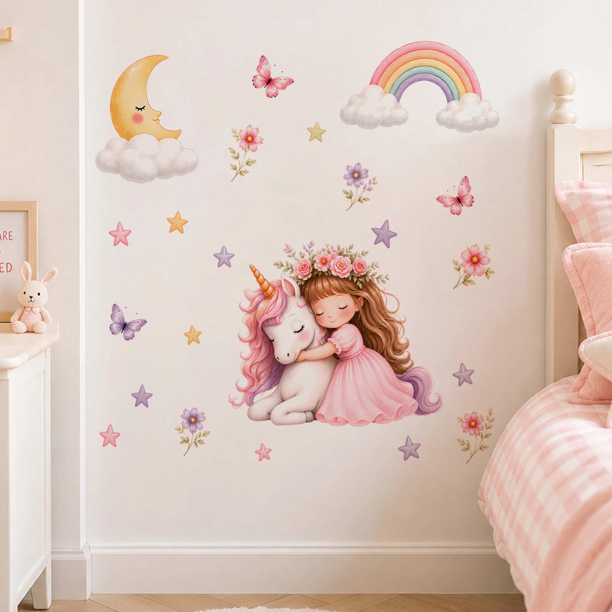 Girl & Unicorn Wall Decal - Peel and Stick Removable Watercolor Sticker Stars & Butterflies, Pastel Decor for Baby Girl Nursery view 3