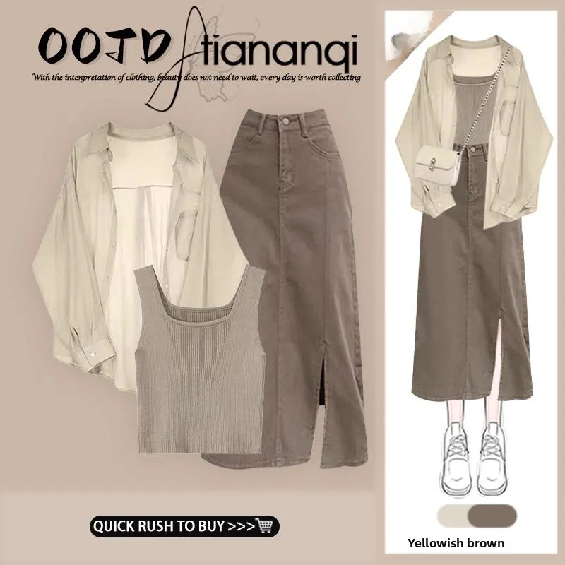 

Spring New Faion Long Sve Women's irt Outerwear Commute Ele Vest Slim Fit f Skirt Set Collar Zipper Closure