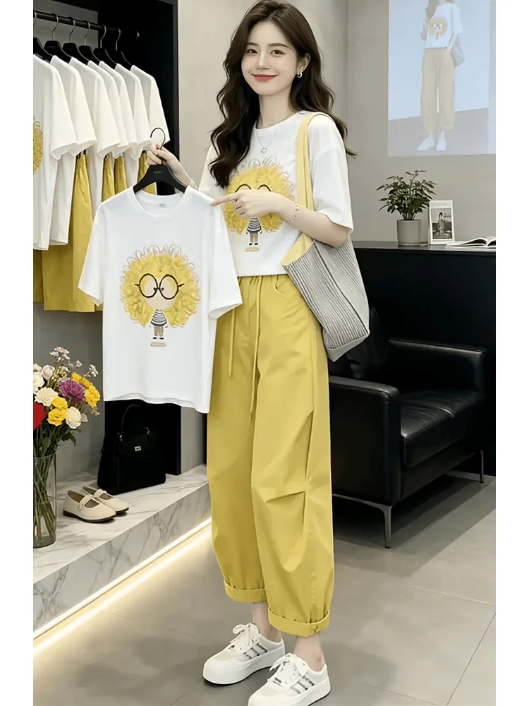 

Loose Wide Leg Pants Short Sleeve T-Shirt Cartoon Print Two Piece Set Women's Fashion Summer Outfit Casual Style High Waist