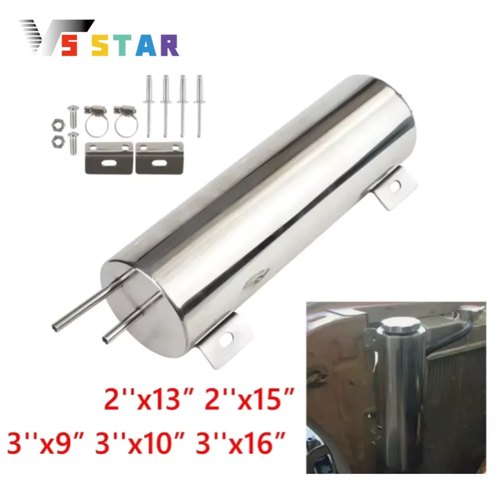 

Universal Polished Stainless Steel Radiator Coolant Overflow Puke Tank Can 2"x13" 2"x15" 3"x9" 3"x10" 3"x16" For GM Chevy